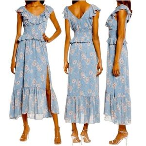 Floret Studios blue floral v neck smocked ruffle midi dress high slit size small